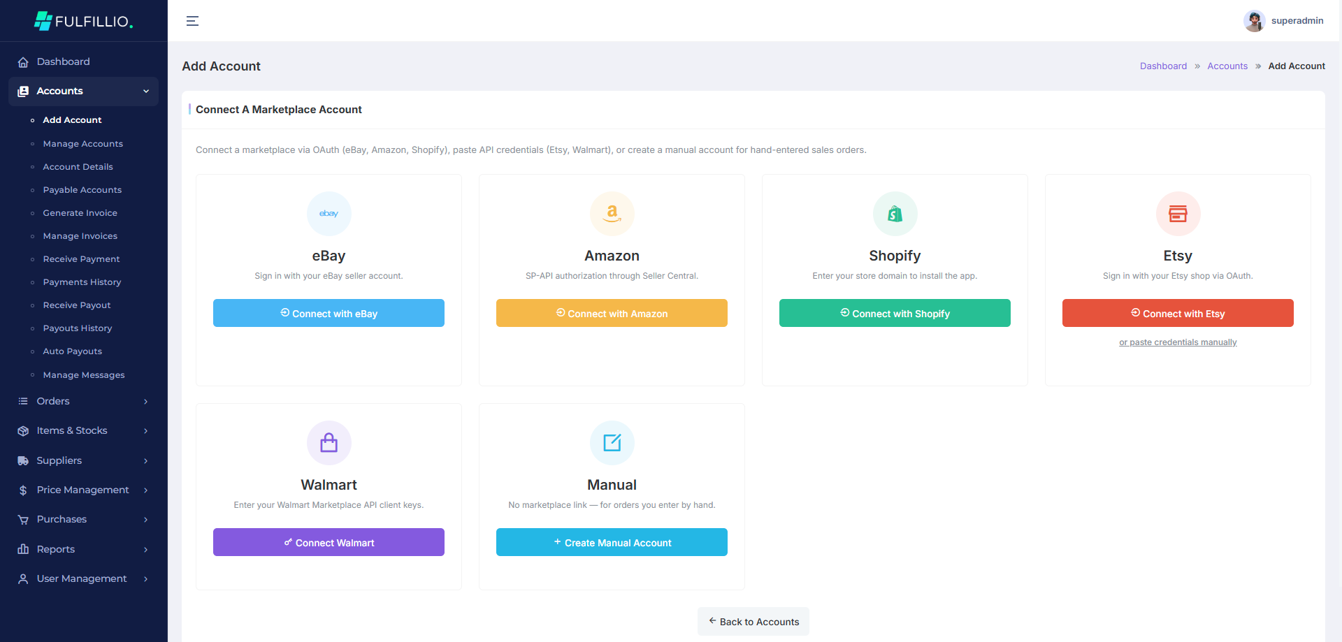 Fulfillio marketplace accounts view showing connected eBay, Amazon and Shopify stores