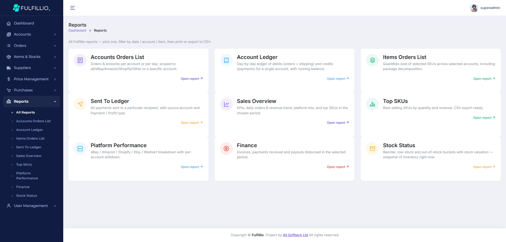 Fulfillio reports and statistics dashboard showing fulfillment analytics